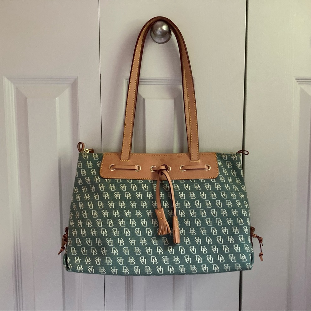 Dooney & Bourque Large Tassel Zip Top Handbag Monogram Canvas and Leather